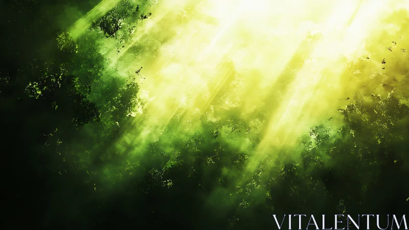 Sunlit forest canopy dissolves into luminous green mist