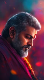 Reverent elder in ember-lit silence, wrapped in crimson calm.