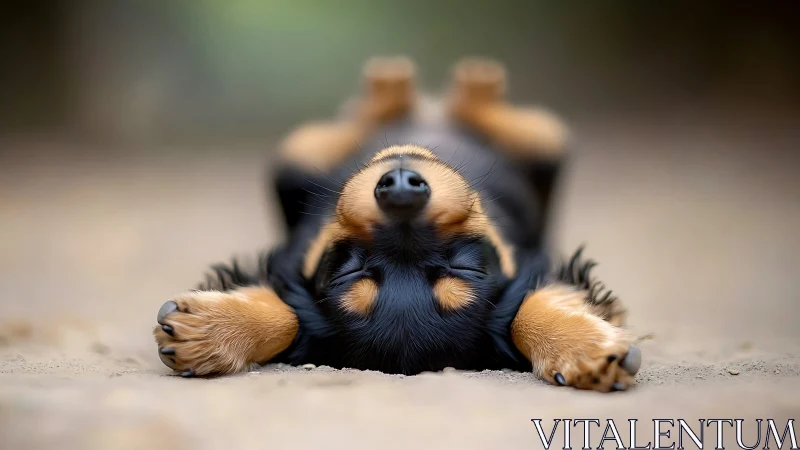 Dachshund puppy naps upside down on soft sandy ground.