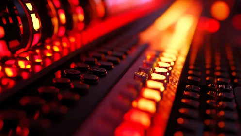 Glowing audio mixing console with red and orange backlighting.