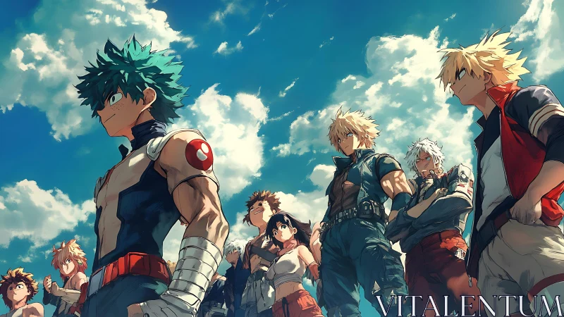 Heroic anime team stands united under dramatic summer sky
