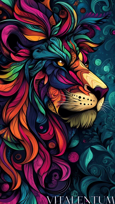 Chromatic lion profile with swirling neon illustrative mane.