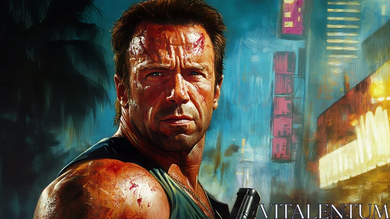 Battle worn action hero in neon lit city street scene.