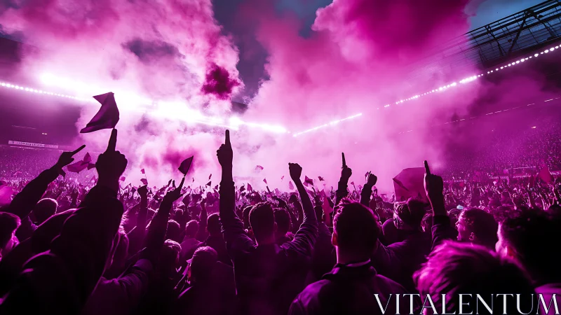 Stadium crowd in magenta haze celebrating under flares.