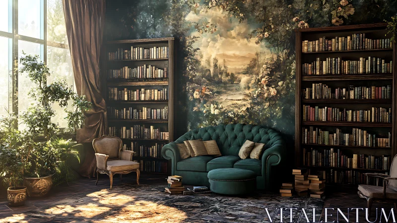Lush reading lounge integrates classic library with mural landscape
