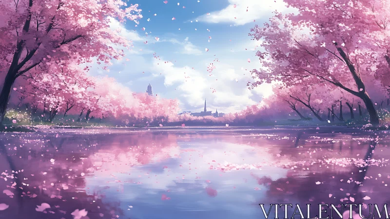 Serene riverside cherry blossoms under pastel spring sky.