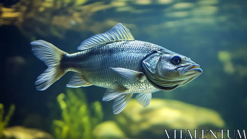 Silver fish glides through clear freshwater habitat gracefully.