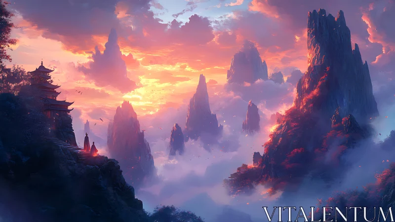 Sunrise over misty spires and tranquil mountain temple.