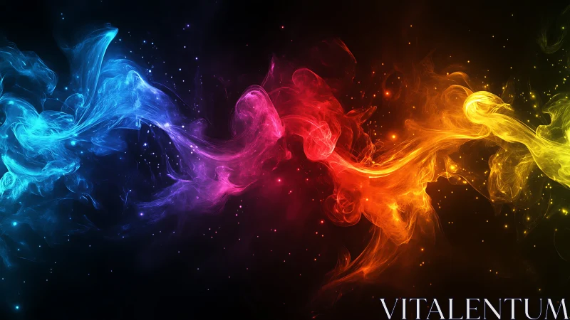 Vibrant multicolor smoke ribbons over dark cosmic void.