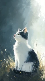 Black and White Cat Gazing Upward in Misty Field