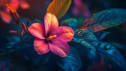 Magenta Hibiscus with Cinemagraphic Bokeh and Metallic Foliage.