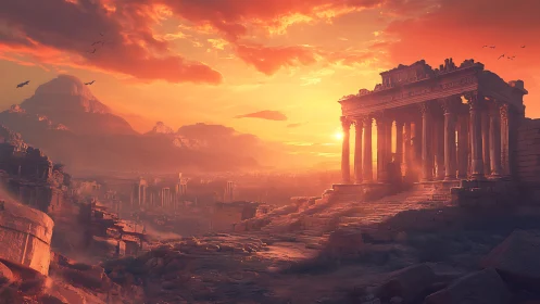 Digital landscape of ruined classical temple at sunset.