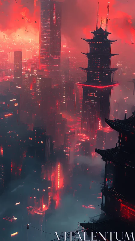 Futuristic neon megacity with layered pagoda silhouettes at dusk.