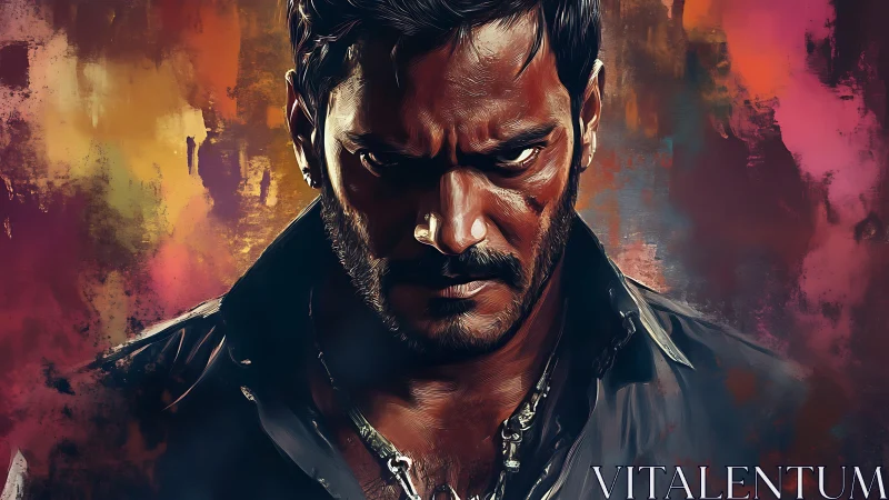 Brooding antihero glowers amid molten urban color storm.