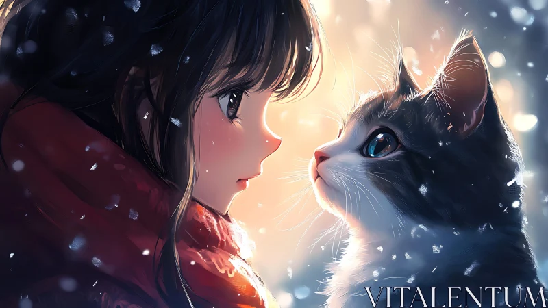 Winter close-up portrait of girl and cat in soft backlight.