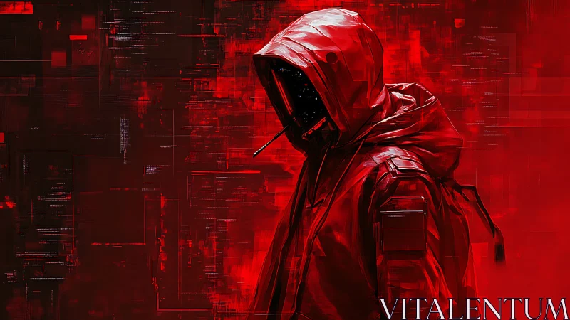 Silent red wanderer in a digital storm of neon shadows.