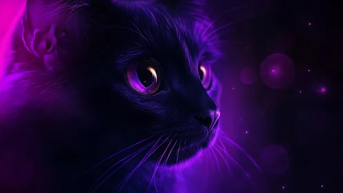 Neon Feline Portrait: Digital Rendering of Luminescent Cat with Bioluminescent Eyes