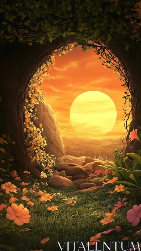 Backlit circular forest portal frames low-horizon sun at golden hour