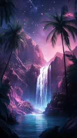 Dreamy starlit waterfall cradled by glowing tropical cliffs.