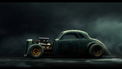 Rustborn hot rod prowls through storm-soaked twilight.