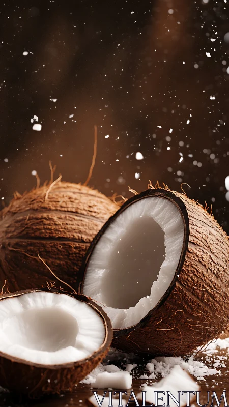 Photorealistic coconut still life with dynamic crumb motion.