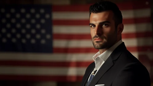 Businessman portrait before defocused American flag backdrop.