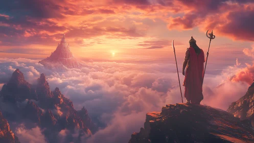 Armored figure on cliff above clouds facing distant peak.