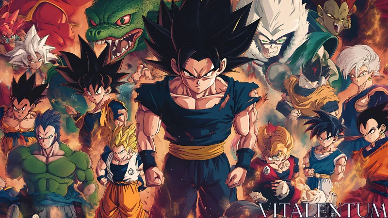 Powerful anime warriors assembled in fiery battle scene.