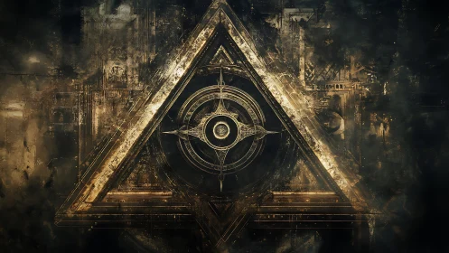 Geometric triangular emblem with central circular mechanism.