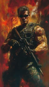 Steadfast soldier stands strong amid swirling fiery chaos.