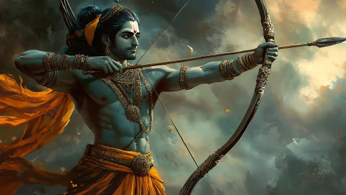 Blue-skinned archer drawing ornate bow against clouded sky.