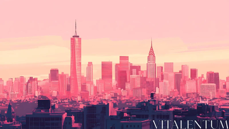 Neon pink city skyline glows under luminous dusk sky.