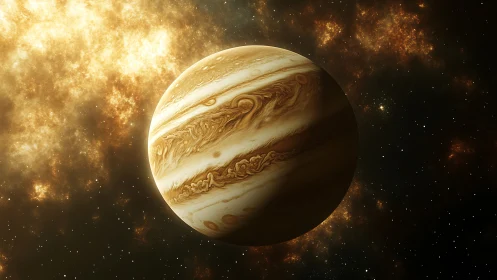 Gas giant planet rendered with detailed banded atmospheric turbulence