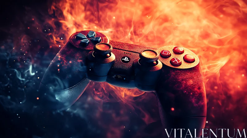 Dual joystick game controller suspended in vivid fire and smoke