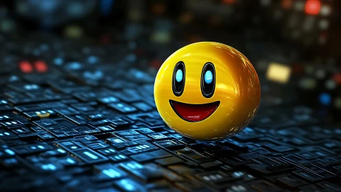 Playful smiley orb brightens a futuristic digital world