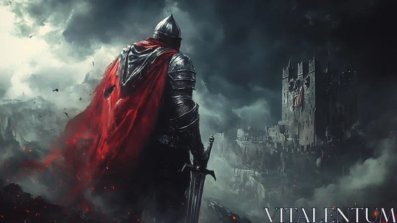 Armored knight faces stormlit fortress under burning sky.