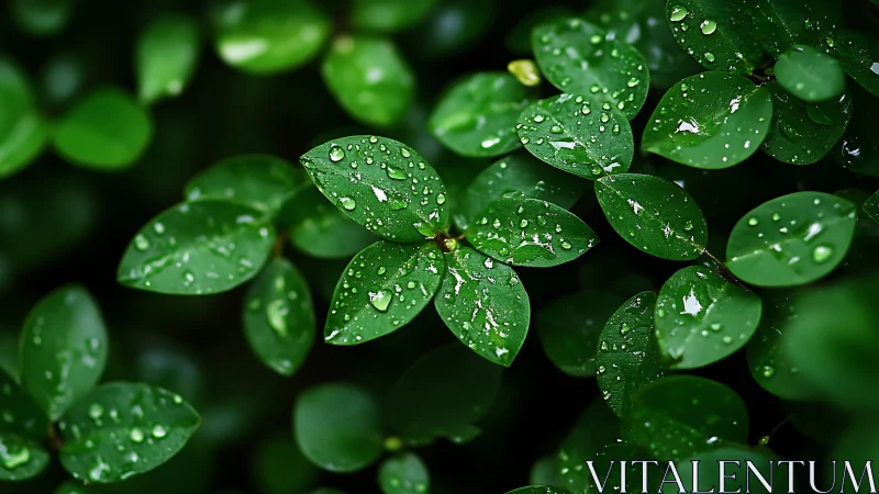 Raindrops glisten gently on lush emerald garden leaves.
