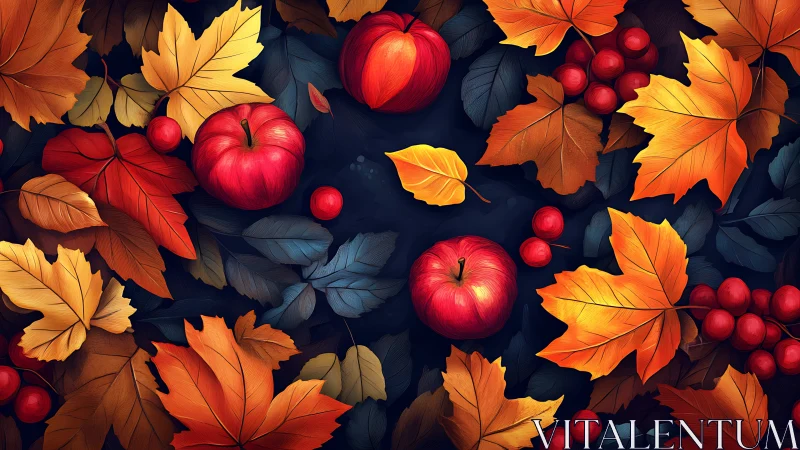 Autumn apples and foliage form a high-contrast digital still life