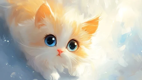 Luminous White Cat with Golden Ears and Sapphire Eyes.