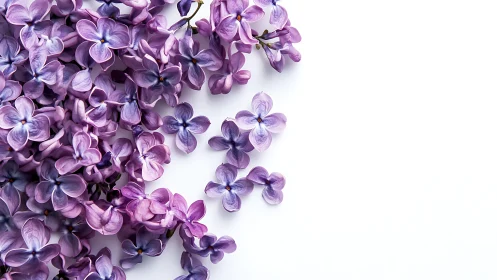 Purple lilac blossoms cascade across white backdrop.