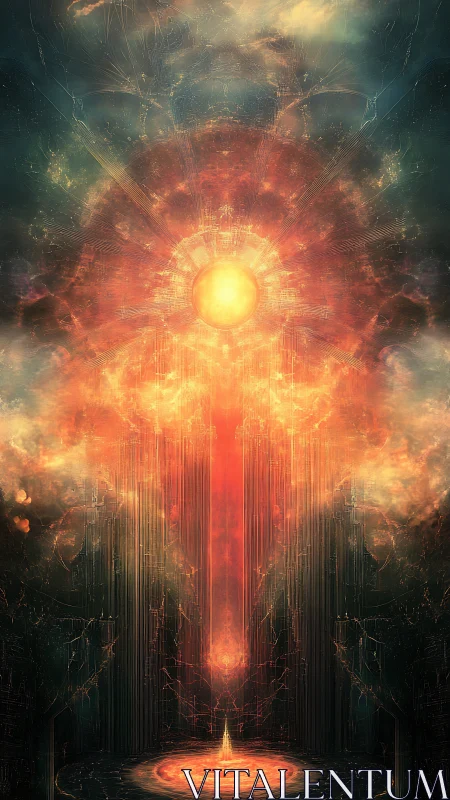 Radiant celestial core above glowing energy portal.