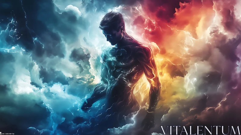 Elemental silhouette emerges within storm-lit nebula clouds.