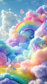 Layered rainbow and pastel cloudscape forms structured scene