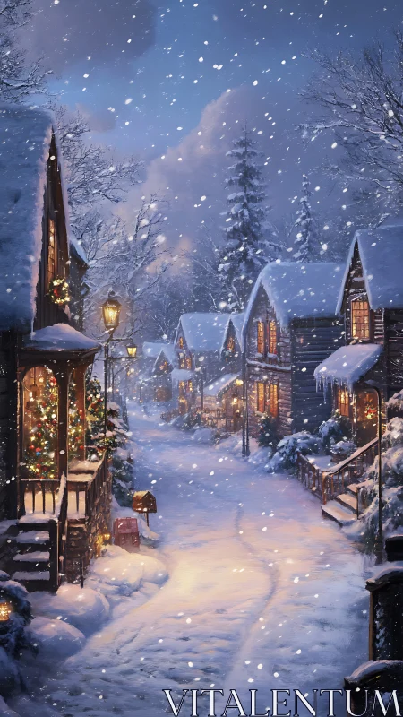 Snowy Christmas village glows with warm, inviting lights