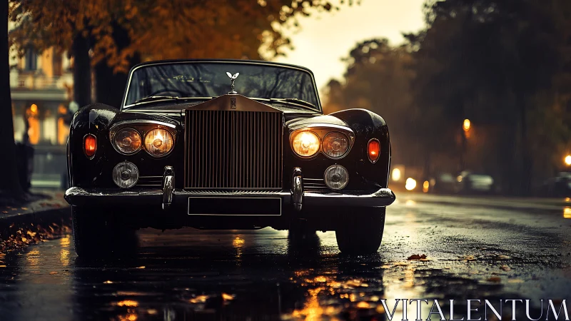 Vintage black sedan on wet autumn city street at dusk.