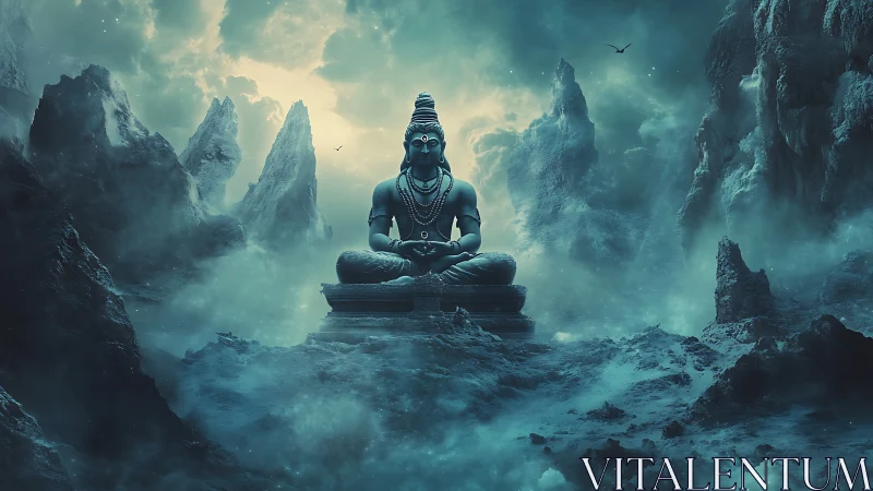 Monolithic deity statue anchors ethereal, mist-laden mountain void