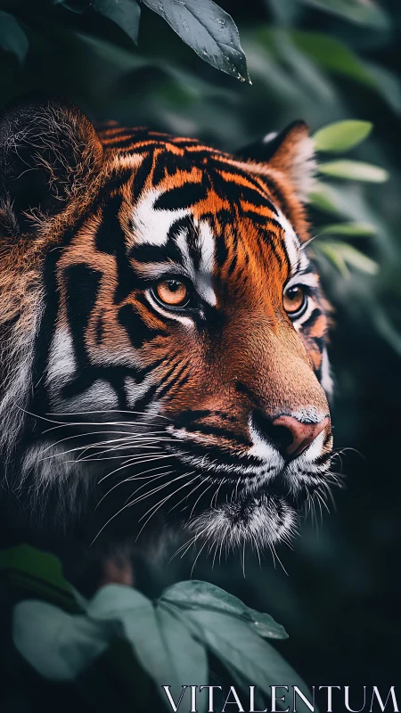 Tiger head in dense foliage with focused lateral profile view.