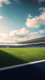 Sunlit football stadium field under expansive blue sky.