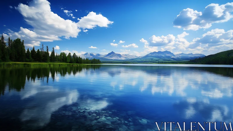 Mountain lake panorama with mirrored clouds and pine forest.