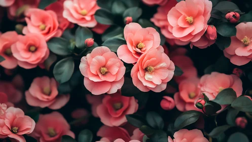 Coral Camellias Dancing in Garden Shadows.